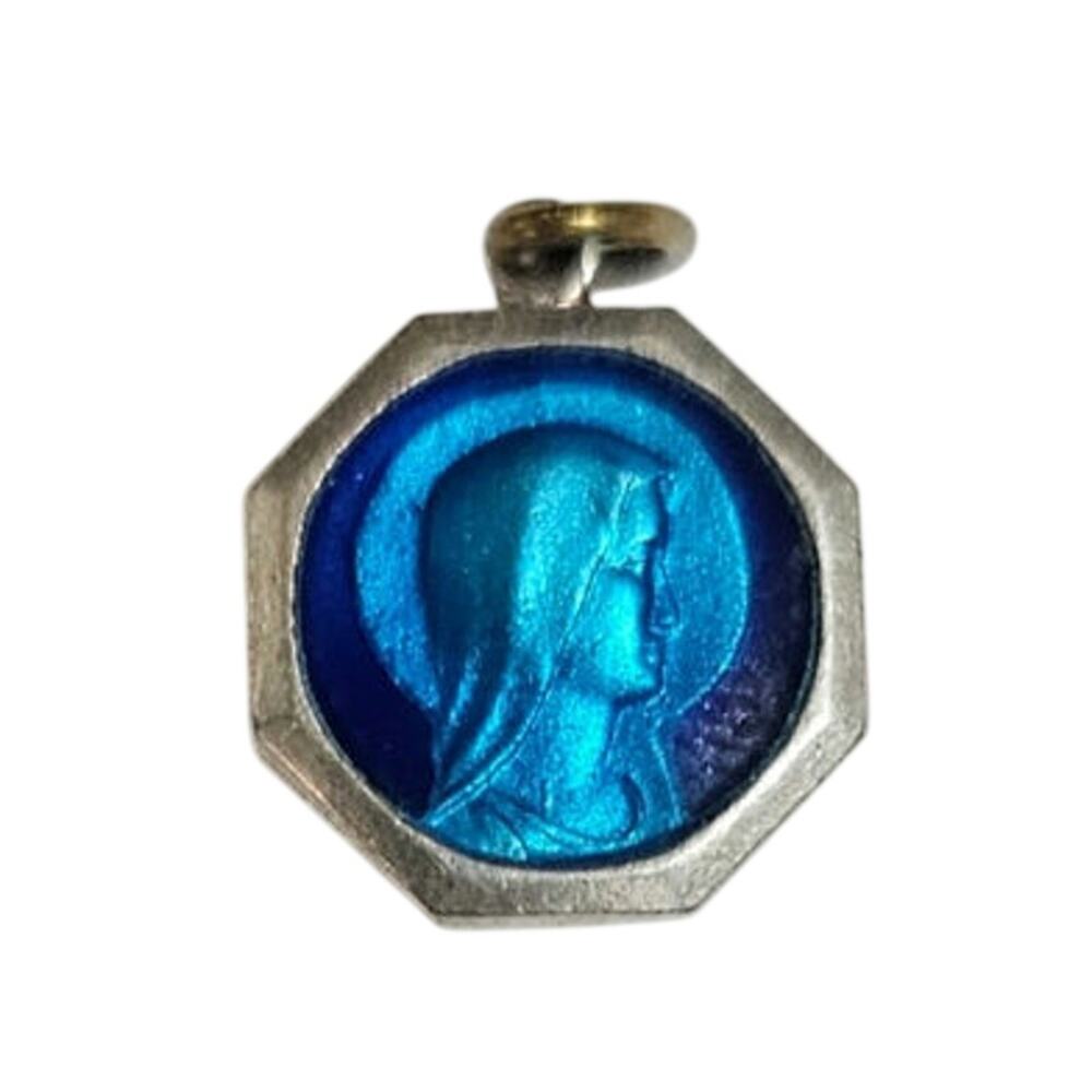 Vintage Two Sided Blue Enamel Octagon Virgin Mary St Christopher Medal Pendant